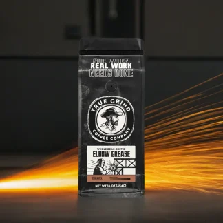 Bag of Elbow Grease coffee featured in a factory welding scene.