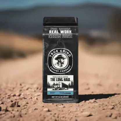 Bag of The Long Haul coffee featured in a dirt road scene.